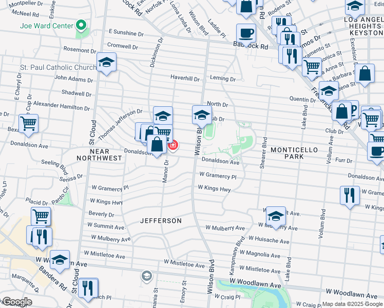 map of restaurants, bars, coffee shops, grocery stores, and more near 909 Donaldson Avenue in San Antonio