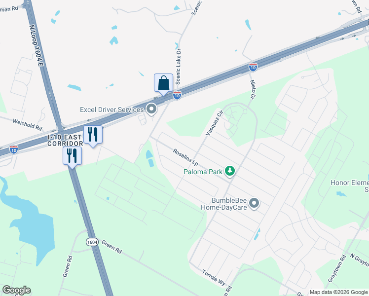 map of restaurants, bars, coffee shops, grocery stores, and more near 10410 Francisco Way in Converse