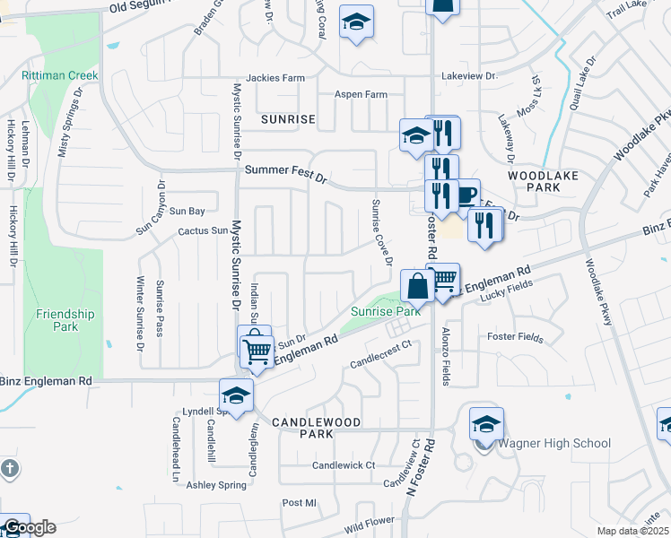 map of restaurants, bars, coffee shops, grocery stores, and more near 6021 Hidden Sunrise Drive in San Antonio