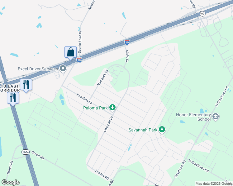 map of restaurants, bars, coffee shops, grocery stores, and more near 10567 Pablo Way in Converse