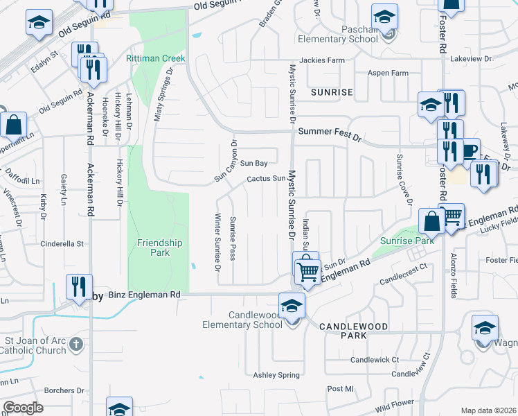 map of restaurants, bars, coffee shops, grocery stores, and more near 4126 Dakota Sun in San Antonio