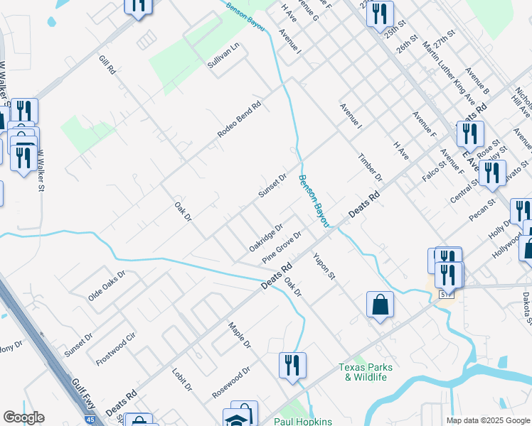 map of restaurants, bars, coffee shops, grocery stores, and more near 2717 Greenbriar Street in Dickinson