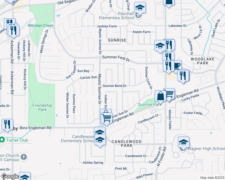 map of restaurants, bars, coffee shops, grocery stores, and more near 5921 Mission Sunrise in San Antonio
