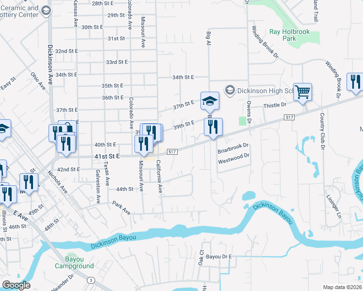 map of restaurants, bars, coffee shops, grocery stores, and more near 5103 FM 517 Road East in Dickinson
