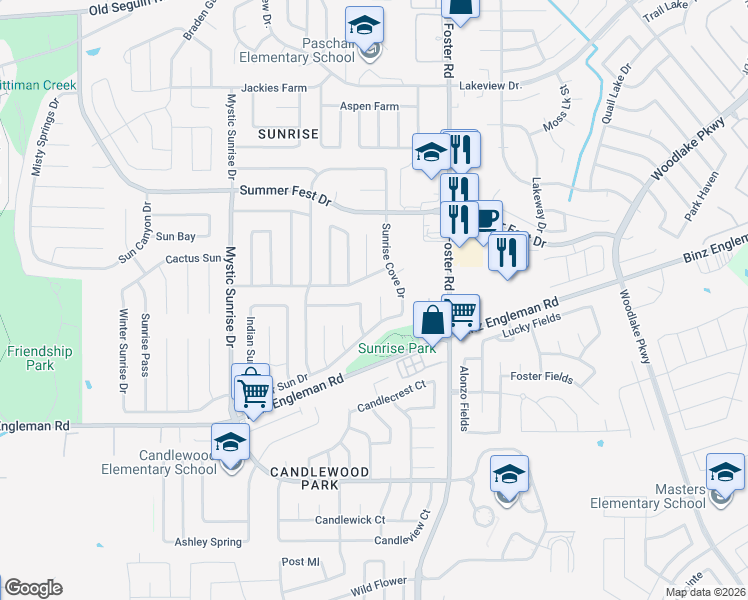 map of restaurants, bars, coffee shops, grocery stores, and more near 4019 Sunrise Bluff Drive in San Antonio