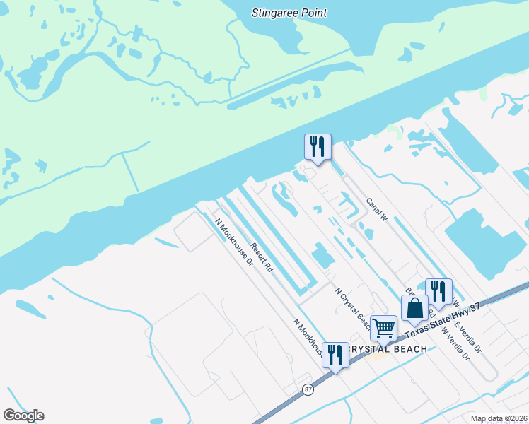 map of restaurants, bars, coffee shops, grocery stores, and more near 1291 1/2 North Crystal Beach Road in Bolivar Peninsula