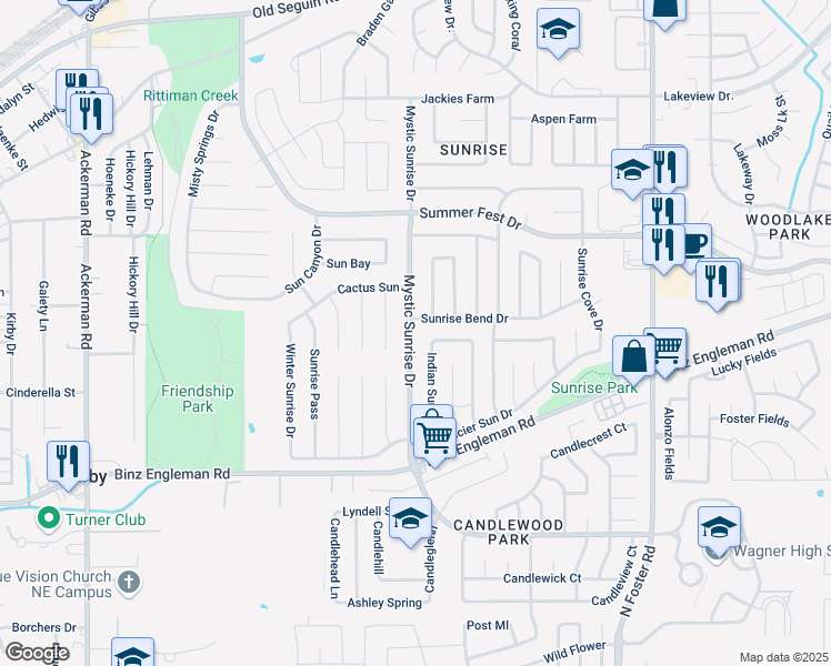 map of restaurants, bars, coffee shops, grocery stores, and more near 4060 Mystic Sunrise Drive in San Antonio