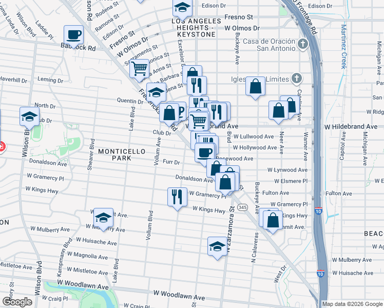map of restaurants, bars, coffee shops, grocery stores, and more near 2100 Fredericksburg Road in San Antonio