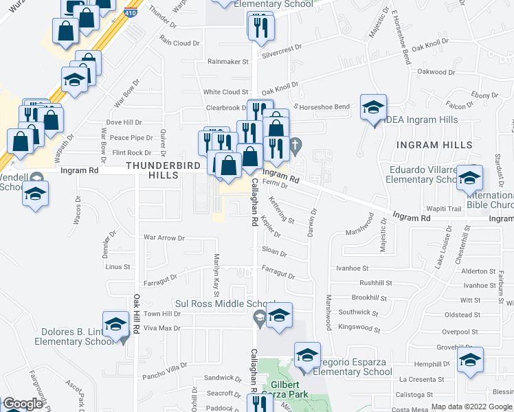 map of restaurants, bars, coffee shops, grocery stores, and more near 4124 Callaghan Road in San Antonio