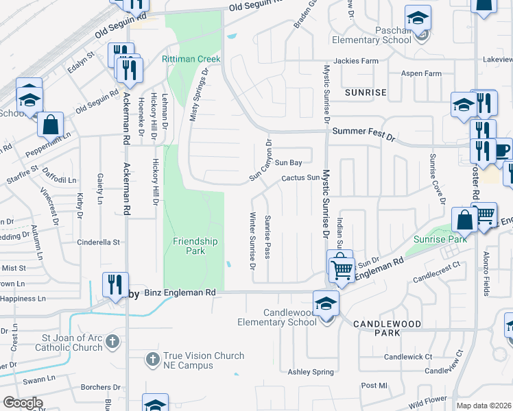 map of restaurants, bars, coffee shops, grocery stores, and more near 4142 Winter Sunrise Drive in San Antonio