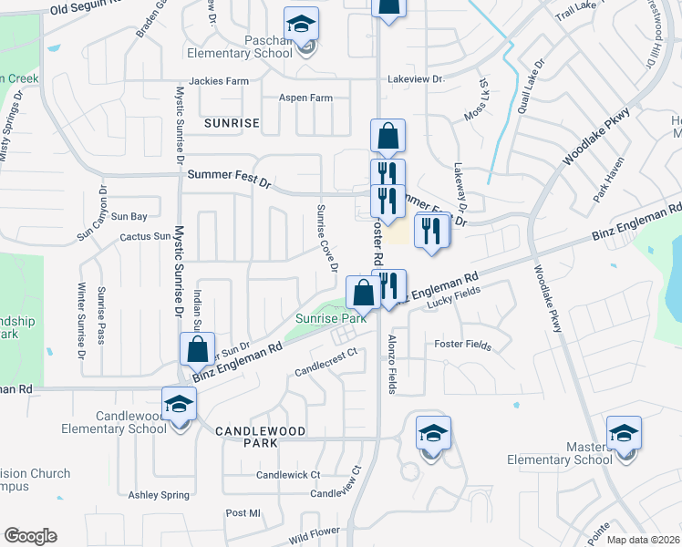 map of restaurants, bars, coffee shops, grocery stores, and more near 4018 Sunrise Cove Drive in San Antonio