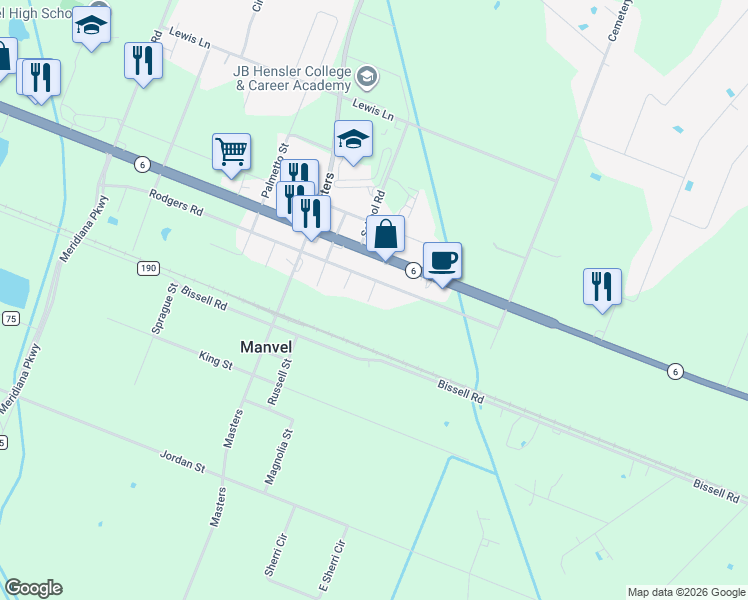 map of restaurants, bars, coffee shops, grocery stores, and more near 7516 Elm Street in Manvel