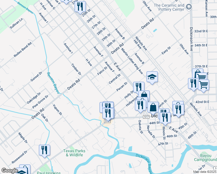 map of restaurants, bars, coffee shops, grocery stores, and more near 2322 Central Street in Dickinson