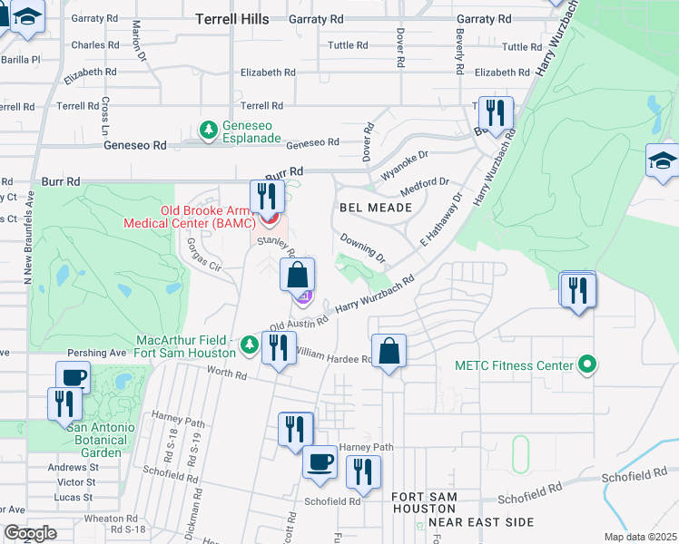 map of restaurants, bars, coffee shops, grocery stores, and more near 1 Towers Park Lane in San Antonio