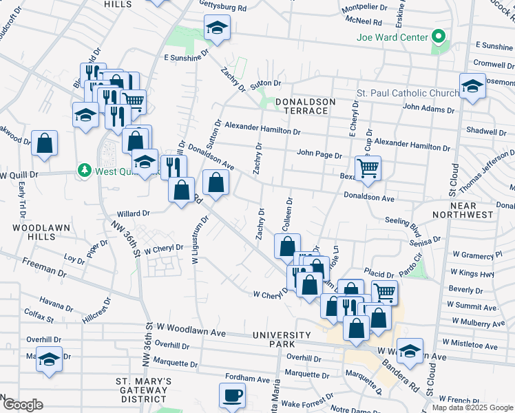 map of restaurants, bars, coffee shops, grocery stores, and more near 3243 Gypsy Drive in San Antonio