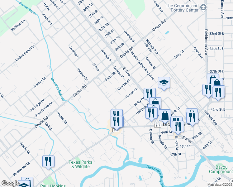 map of restaurants, bars, coffee shops, grocery stores, and more near 2322 Central Street in Dickinson