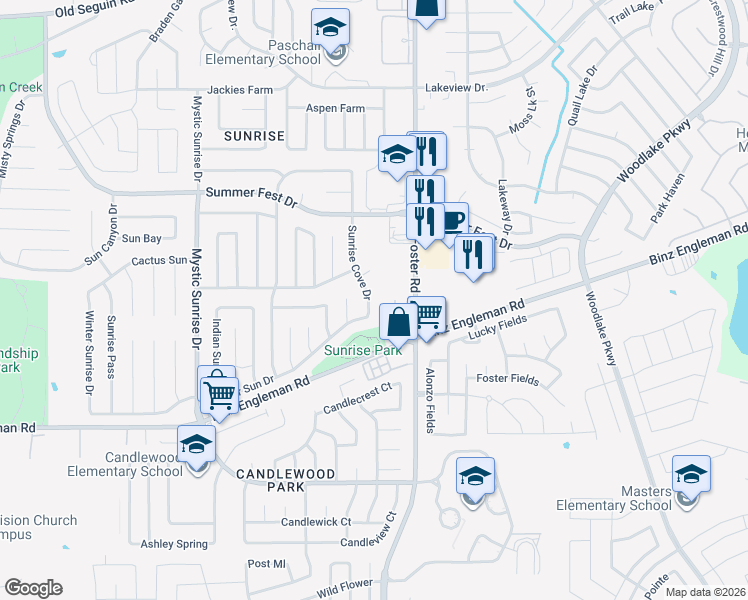 map of restaurants, bars, coffee shops, grocery stores, and more near 4018 Sunrise Cove Drive in San Antonio