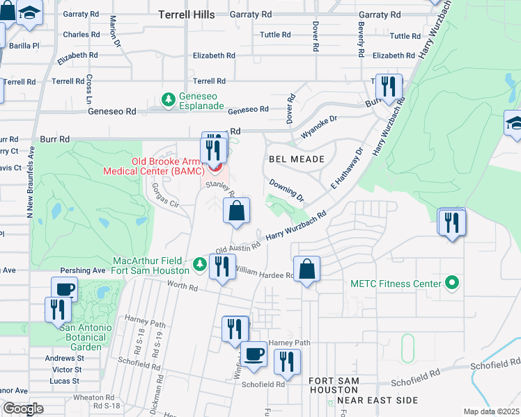 map of restaurants, bars, coffee shops, grocery stores, and more near 1 Towers Park Lane in San Antonio