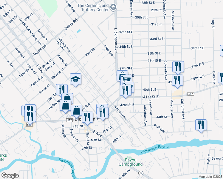 map of restaurants, bars, coffee shops, grocery stores, and more near 4006 Victoria Ave in Dickinson