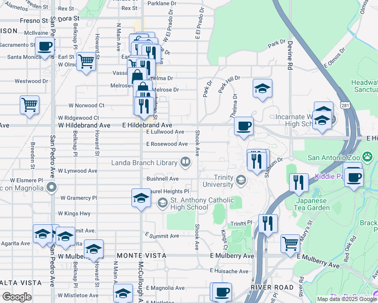 map of restaurants, bars, coffee shops, grocery stores, and more near 335 East Hollywood Avenue in San Antonio