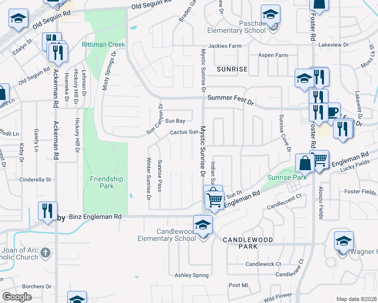 map of restaurants, bars, coffee shops, grocery stores, and more near 4127 Hickory Sun Drive in San Antonio
