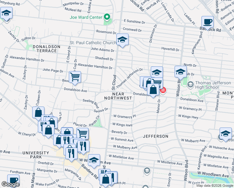 map of restaurants, bars, coffee shops, grocery stores, and more near 1146 Donaldson Avenue in San Antonio