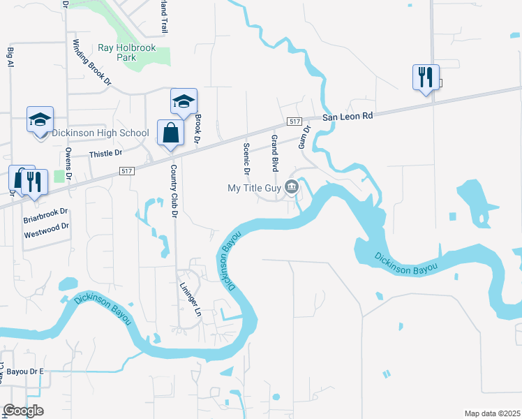map of restaurants, bars, coffee shops, grocery stores, and more near 4220 Scenic Drive in Dickinson