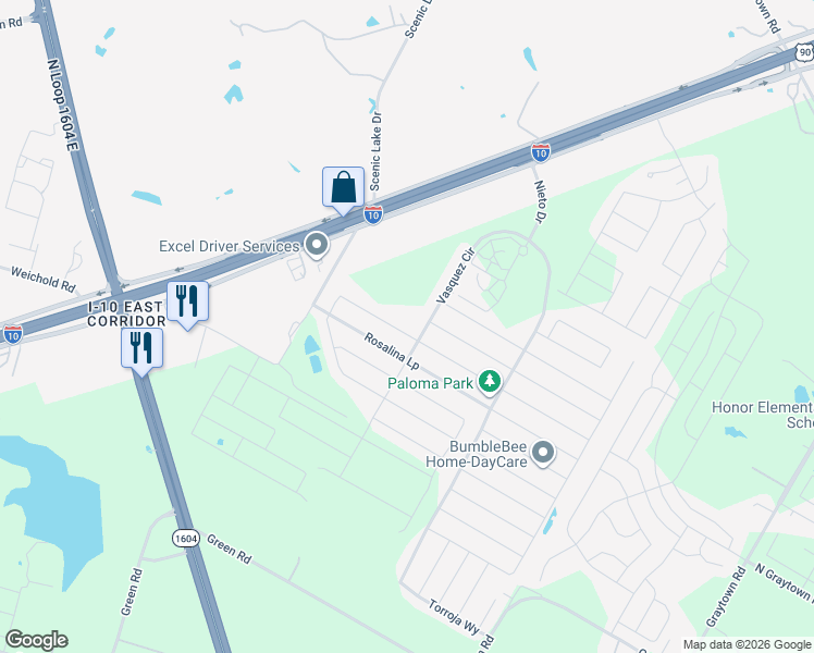 map of restaurants, bars, coffee shops, grocery stores, and more near 10410 Francisco Way in Converse