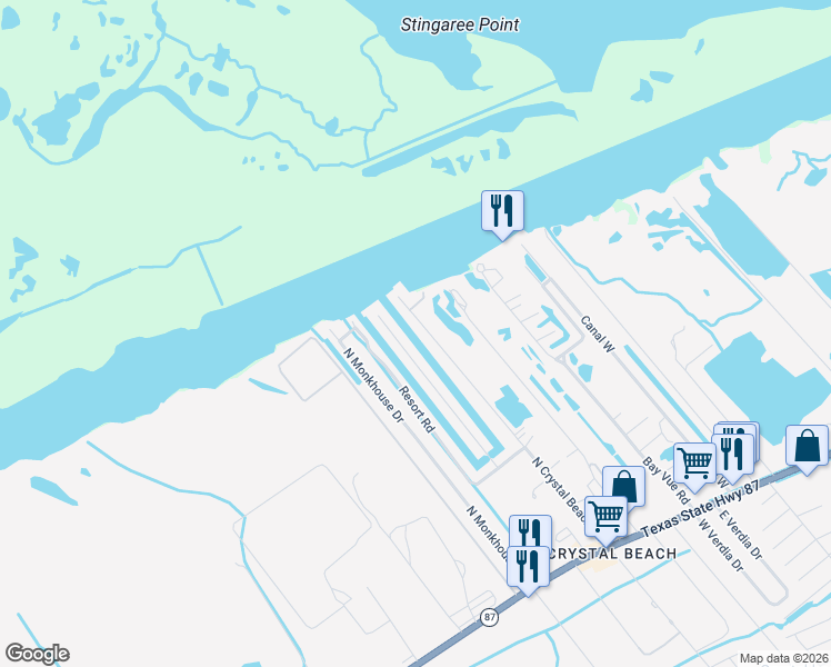 map of restaurants, bars, coffee shops, grocery stores, and more near 1291 1/2 North Crystal Beach Road in Bolivar Peninsula