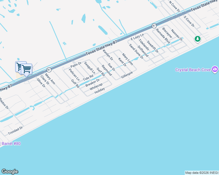 map of restaurants, bars, coffee shops, grocery stores, and more near 2632 Holiday in Bolivar Peninsula