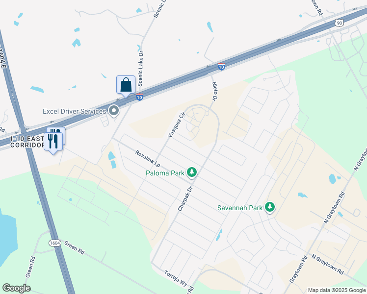 map of restaurants, bars, coffee shops, grocery stores, and more near 10536 Pablo Way in Converse