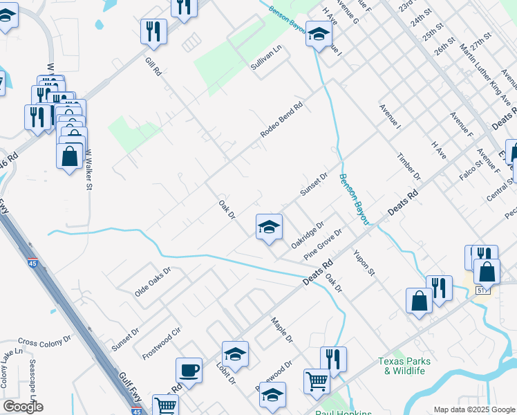 map of restaurants, bars, coffee shops, grocery stores, and more near 1408 Oak Hollow Drive in Dickinson