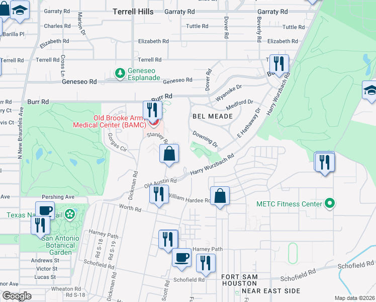 map of restaurants, bars, coffee shops, grocery stores, and more near 1 Towers Park Lane in San Antonio