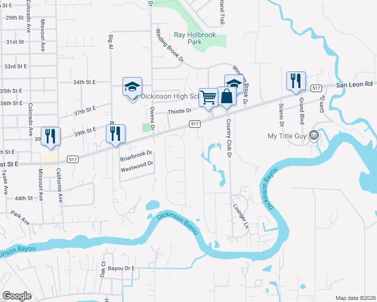 map of restaurants, bars, coffee shops, grocery stores, and more near 4135 East Bayou Maison Circle in Dickinson