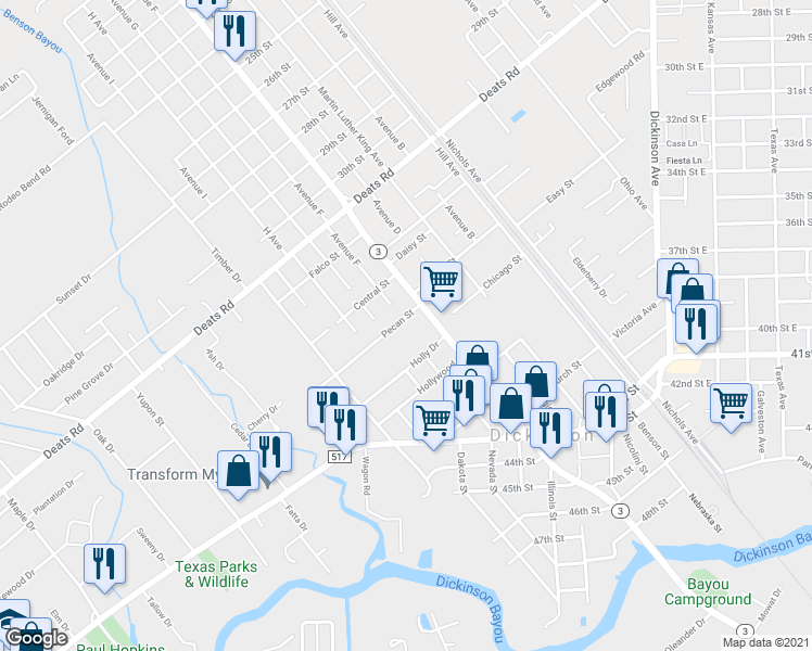 map of restaurants, bars, coffee shops, grocery stores, and more near 2602 Pecan Street in Dickinson