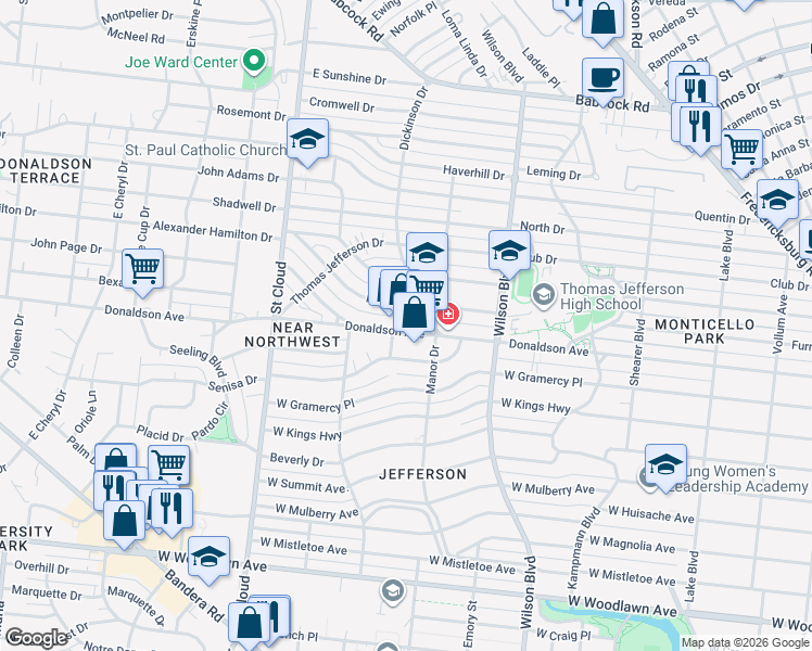 map of restaurants, bars, coffee shops, grocery stores, and more near 1025 Donaldson Avenue in San Antonio
