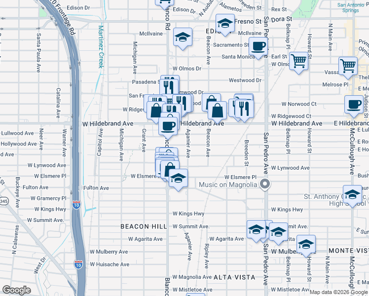 map of restaurants, bars, coffee shops, grocery stores, and more near 806 West Rosewood Avenue in San Antonio