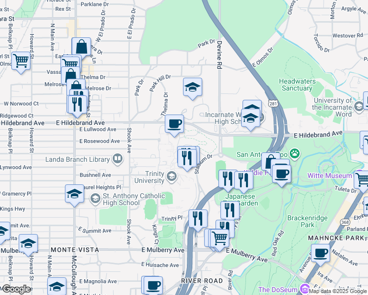 map of restaurants, bars, coffee shops, grocery stores, and more near 715 Stadium Drive in San Antonio