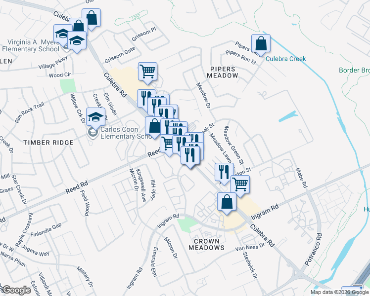 map of restaurants, bars, coffee shops, grocery stores, and more near 7914 Culebra Road in San Antonio