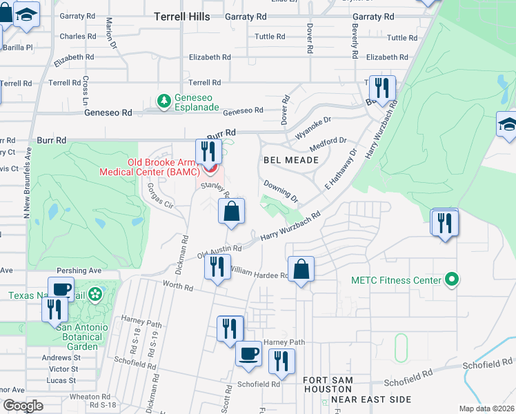 map of restaurants, bars, coffee shops, grocery stores, and more near 1 Towers Park Lane in San Antonio