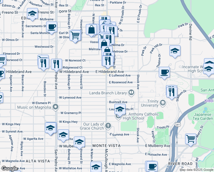 map of restaurants, bars, coffee shops, grocery stores, and more near 206 East Hollywood Avenue in San Antonio
