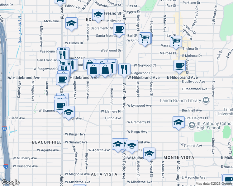 map of restaurants, bars, coffee shops, grocery stores, and more near 424 West Rosewood Avenue in San Antonio