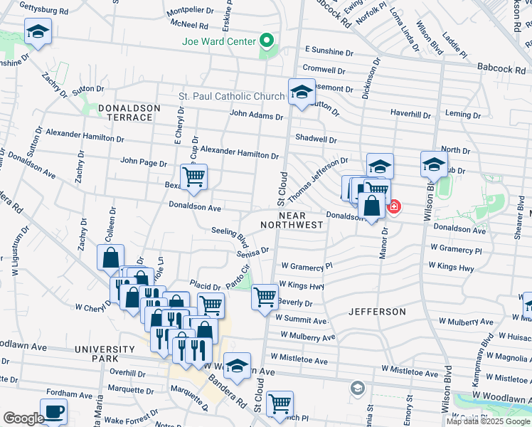 map of restaurants, bars, coffee shops, grocery stores, and more near 1216 Donaldson Avenue in San Antonio