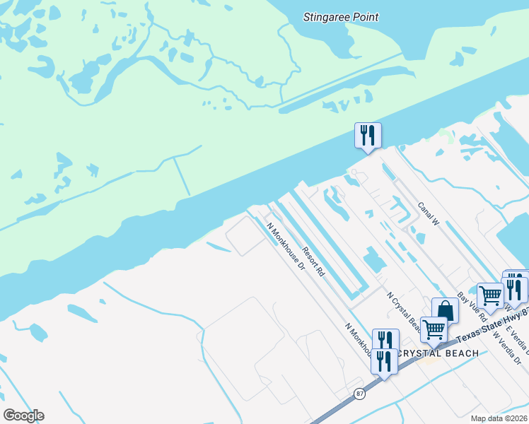 map of restaurants, bars, coffee shops, grocery stores, and more near 1300 North Monkhouse Drive in Galveston