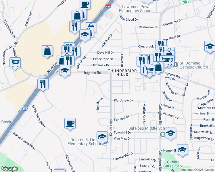 map of restaurants, bars, coffee shops, grocery stores, and more near 3018 War Knife Street in San Antonio