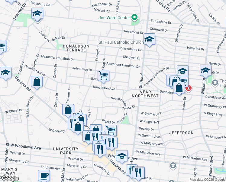 map of restaurants, bars, coffee shops, grocery stores, and more near 1352 Donaldson Avenue in San Antonio