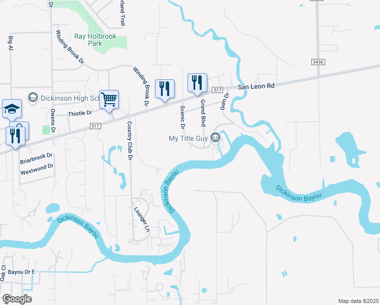 map of restaurants, bars, coffee shops, grocery stores, and more near 4220 Scenic Drive in Dickinson