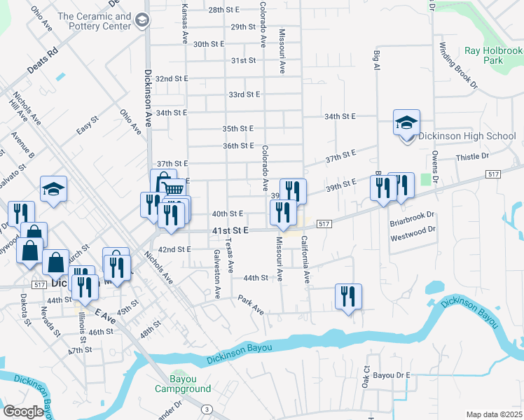 map of restaurants, bars, coffee shops, grocery stores, and more near 3910 Colorado Avenue in Dickinson