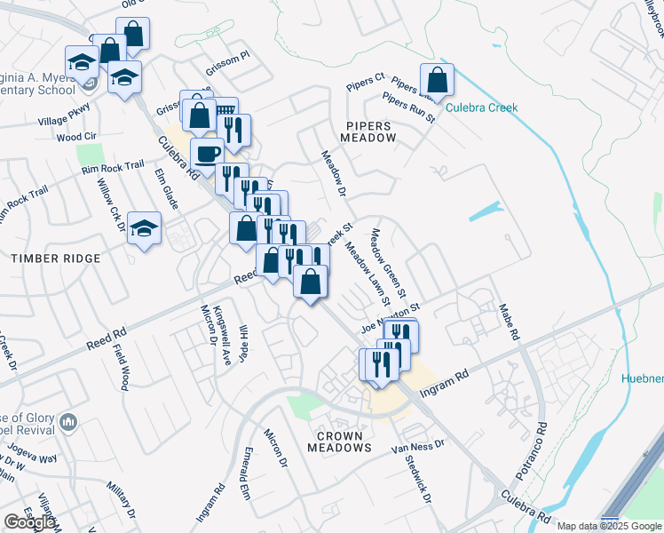 map of restaurants, bars, coffee shops, grocery stores, and more near 7895 Culebra Road in San Antonio
