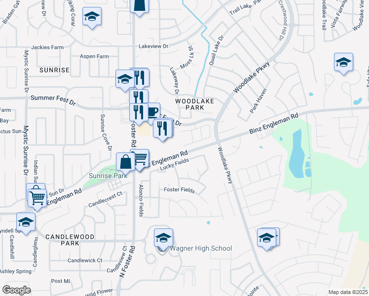 map of restaurants, bars, coffee shops, grocery stores, and more near 6706 Sandy Point Drive in San Antonio